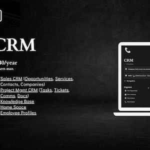 Può includere: Uno screenshot di un'interfaccia software CRM su un computer portatile. Il software ha uno sfondo scuro con testo bianco e un'icona del telefono nell'angolo in alto a sinistra. Il testo "CRM" è visualizzato nella parte superiore dello schermo. Il software include funzionalità come "Opportunità", "CRM di vendita", "CRM di gestione dei progetti", "Base di conoscenza", "Spazio personale" e "Profili dei dipendenti".
