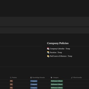 Op de afbeelding: Een screenshot van een donkergekleurde webpagina met de titel "Home Space". De pagina heeft een sectie genaamd "Knowledge Base" met een tabel die verschillende bedrijfsrichtlijnen opsomt, waaronder "Company Calendar", "Vacation" en "Paid Leave of Absence".