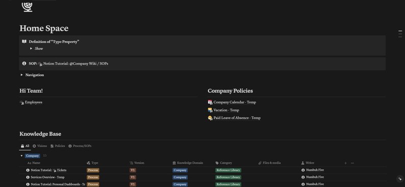 Op de afbeelding: Een screenshot van een donkergekleurde webpagina met de titel "Home Space". De pagina heeft een sectie genaamd "Knowledge Base" met een tabel die verschillende bedrijfsrichtlijnen opsomt, waaronder "Company Calendar", "Vacation" en "Paid Leave of Absence".
