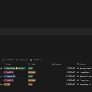 Op de afbeelding: Een screenshot van een computerscherm met een lijst van kansen met details zoals projectnaam, status, prioriteit en contactgegevens. De kansen zijn georganiseerd per pipeline, met opties voor high ticket, upcoming, closed/won en closed/lost.