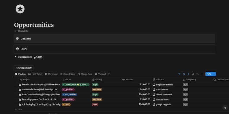 Op de afbeelding: Een screenshot van een computerscherm met een lijst van kansen met details zoals projectnaam, status, prioriteit en contactgegevens. De kansen zijn georganiseerd per pipeline, met opties voor high ticket, upcoming, closed/won en closed/lost.