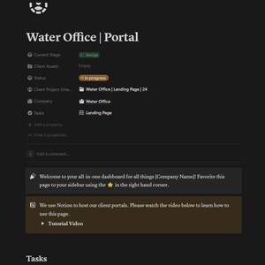 Op de afbeelding: Een donkergrijs computerscherm met de tekst "Water Office | Portal" bovenaan. Het scherm toont een lijst met opties aan de linkerkant en een welkomstbericht aan de rechterkant. Het welkomstbericht luidt: "Welkom bij uw alles-in-&eacute;&eacute;n dashboard voor alles wat met Company Name te maken heeft! Voeg deze pagina toe aan uw zijbalk met behulp van de ster in de rechterhoek."