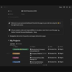 Op de afbeelding: Een dashboard met een donker thema met een welkomstbericht en een lijst met projecten. De projecten zijn ingedeeld in de categorie&euml;n "Open", "In uitvoering", "Gekwalificeerd" en "Voorstel". Elk project heeft een titel, een beschrijving, een verkoopkanaal en een eigenaar.