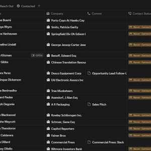 Op de afbeelding: Een screenshot van een computerscherm met een spreadsheet met kolommen met de labels "Status", "Naam", "Bedrijf", "Opmerkingen", "Contactstatus", "Frequentie" en "Gecontacteerd". De spreadsheet bevat een lijst met namen, bedrijven en contactgegevens.