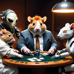 May include: A group of four anthropomorphic animals playing poker at a green felt table. A hamster in a suit, a robot mouse, a robot with a human-like head, and a brown rat are all seated at the table. The hamster is holding a card in its hand, and the robot mouse is holding a chip.
