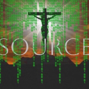 May include: Digital art featuring a silhouette of a cross against a sunset backdrop. Green binary code cascades down, with the word "SOURCE" in white across the image. The overall theme suggests a blend of faith and technology.