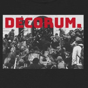 May include: A black and white photograph of a crowd of people gathered in front of a building. The word "DECORUM." is printed in red letters at the top of the image.