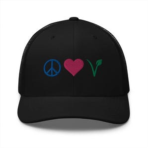 Peace Love Vegan Trucker Hat, Vegan Hat Embroidered Baseball Cap, Gift for Vegan, Vegan Gifts,
