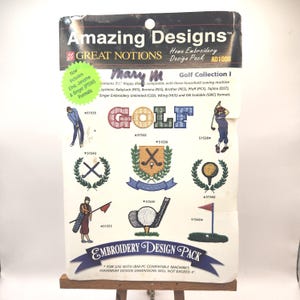 May include: An embroidery design pack titled "Amazing Designs" with the text "Golf Collection I." The pack includes various golf-themed embroidery patterns, such as golf balls, flags, and golfers. The pack is designed for use with IBM-PC compatible machines.