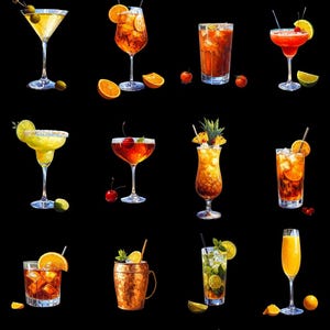 Lot de 20 cliparts cocktails | Fichiers PNG et SVG | Téléchargement numérique pour t-shirts, autocollants, menus, Cricut, sublimation | Projets d'impression