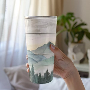Nature Mountain Landscape 20oz Tumbler  Pine Trees Tumbler National Park Tumbler Nature Hiking Lover Wood Panel