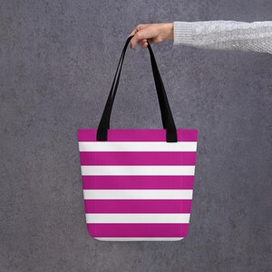 Bright Pink and White Striped Tote Bag – Vibrant Canvas Beach Bag, Summer Shoulder Bag, Reusable Shopping Bag
