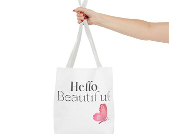 Hello Beautiful Butterfly Tote Bag, Cute Gift for Her, Inspirational Beach Bag, Floral Shopping Tote, Motivational Gift