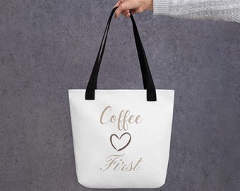 Coffee First Text Tote Bag, Coffee Casual Bag, Gift for Caffeine Lovers, Shoulder Bag