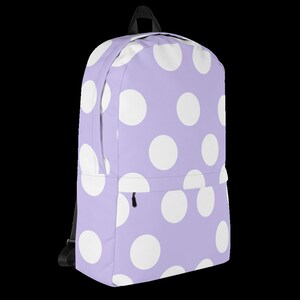 Grand sac à dos violet pour étudiante, motif à pois de style rétro sur un cartable pour adolescentes avec de la place pour un ordinateur portable