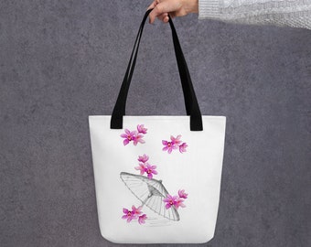 Orchid Rain Tote bag, Boho Style Tote, Pink and White Shopping Bag, Girly and Cute Strappy Floral Bag