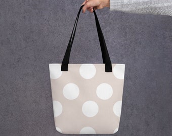 Tote Bag with Large White and Beige Polka Dots – Stylish Neutral Pattern