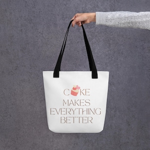 Bolsa tote "Bolo torna tudo melhor", bolsa de ombro com citação positiva, bolsa casual leve para adolescentes