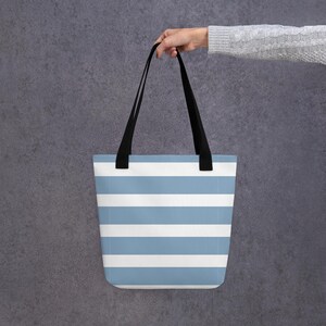 青と白のトートバッグ、ストライプ柄ショルダーバッグ、レディーススタイリッシュトート、カジュアルデイバッグ