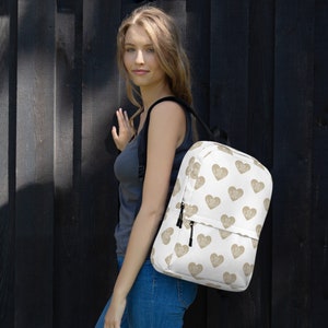 Sac à dos universitaire pour filles, motif coeurs beige sur sacoche pour ordinateur portable, cartable adolescente, grand sac étudiant
