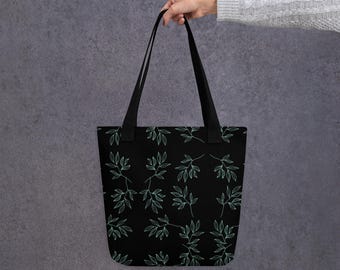 Grünes Blatt Einkaufstasche, Schwarz und Grün Muster Schultertasche, Tote Frau