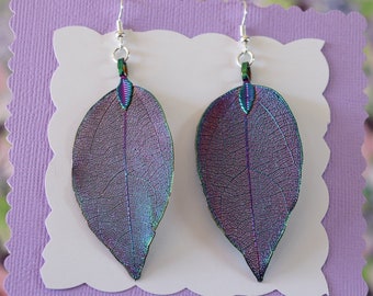 Real Leaf Earrings, Iridescent Leaf, Real Leaf Earrings, Large Real Leaf Earrings, Silver, Nature, Large Earrings, Small, Medium