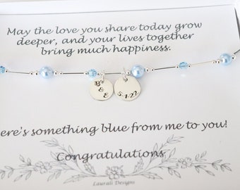 Something Blue for Bride Anklet Sterling Silver, Blue Pearl Anklet, Couples Charm, Adjustable, Monogram, Wedding Gift for Bride