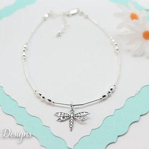 Silver Anklet Dragonfly Charm, Adjustable Sterling Silver Anklet, Insect Wings, Beach Anklet, Destination Wedding, Vacation, Nature