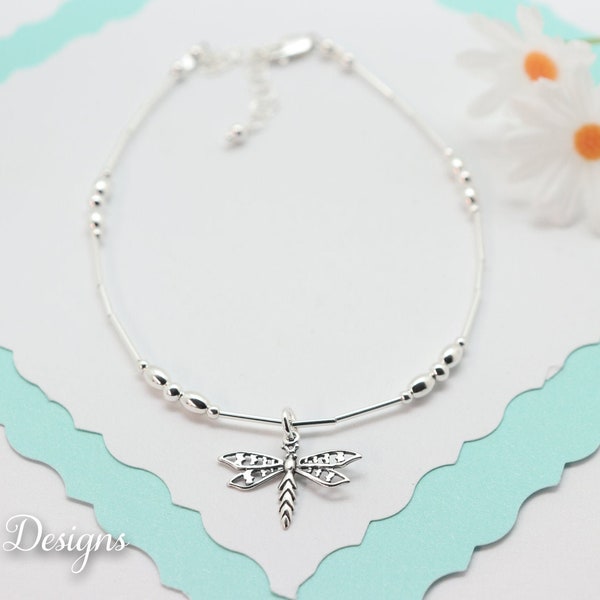 Silver Anklet Dragonfly Charm, Adjustable Sterling Silver Anklet, Palm Tree, Beach Anklet, Destination Wedding, Vacation, Nature