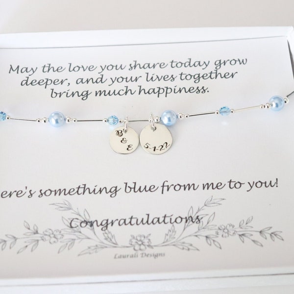 Something Blue for Bride Anklet Sterling Silver, Blue Pearl Anklet, Couples Charm, Adjustable, Monogram, Wedding Gift for Bride