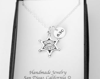 Sheriff Deputy Badge Charm Necklace, Badge Number Gift, Sterling Silver, Bestie Gift, Police Charm, Silver Star, Badge Charm, Thank You Card