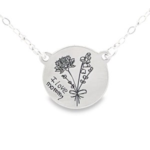 Bouquet Birth Month Flower Sterling Silver Necklace, Personalized Mom Necklace, Grandma, Bridesmaid Gift, Best Friend, Birthday, Handwriting