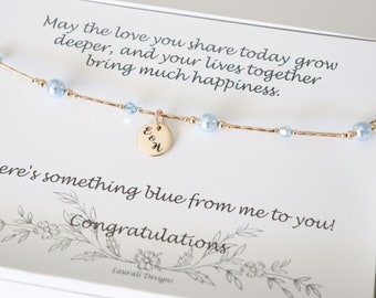 Something Blue Gold Anklet, Bride Gift, Blue Crystal Pearl Anklet, Charm Anklet, Initial Gold Filled Adjustable Anklet, Couples Charm