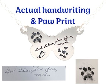 Actual Handwriting and Dog Paw Print Necklace, Sterling Silver, Pet Memorial Gift, Pet Loss, Parent Loss, Dog Lover Gift, Cat, Butterfly