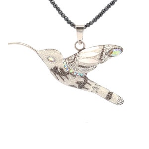 Large Hummingbird White Crystal Charm Necklace, Friendship Gift, Sterling Silver, Colorful Gift, Bird Necklace, Nature, Crystal Hummingbird