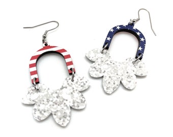 4th of July Flower Earrings, Patriotic, Glitter and Leather,  Flag, Stars and Stripes, Light Weight Earrings, Medium and Light