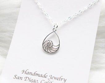 Small Nautilus Shell Sterling Silver Charm Necklace Friendship Gift, Bestie Gift, Flower, Thank you card, Ocean, Delicate