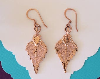 Birch Leaf Earrings Rose Gold, Birch Leaf, Small Size Earrings, 24kt Rose Gold Earrings, LESM182