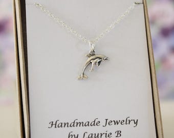Dolphin and Baby Charm Necklace, Friendship Gift, Sterling Silver, Mother Daughter Gift, Sea Life Charm, Ocean Necklace, Thank you card
