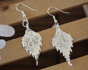 Silver Leaf Earrings, Birch Leaf, Real Leaf Earrings, Small Real Leaf Earrings, Birch, Sterling Silver, Nature