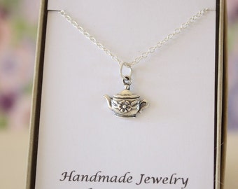 Teapot Charm Necklace, Flower, Friendship Gift, Sterling Silver, Bestie Gift, Flower Teapot, Thank you card, Silver Teapot
