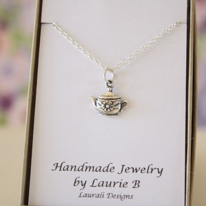 Teapot Charm Necklace, Flower, Friendship Gift, Sterling Silver, Bestie Gift, Flower Teapot, Thank you card, Silver Teapot