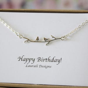 Birds on a Branch Necklace, Wren Birds Sterling Silver thin design, TIny Birds, BFF, Nature, Bar Silver Charm, Branch Bar silver necklace image 1