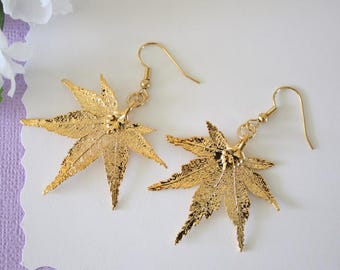 Gold Leaf Earrings, Real Japanese Maple Leaf, Real Leaf Earrings, Maple Leaf, 24kt Gold, Nature, LESM175