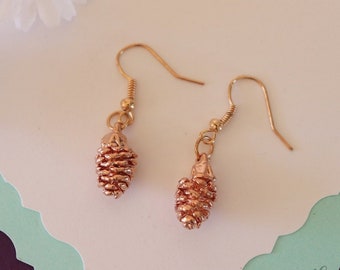 Pine Cone Earrings Rose Gold, Pinecone Leaf, Small Size Earrings, 24kt Rose Gold Earrings, LESM230