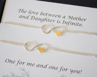 Mother and Daughter Infinity Bracelet Set, Infinity Jewelry, Best friend Gift, Mothers Day Gift, Silver Bracelet, BFF, Gold Heart