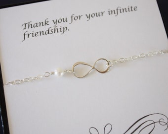 Friendship Bracelet, Infinity Jewelry, Best friend Gift, Charm Bracelet, Thank you Card, White Pearl, Sterling Silver Bracelet