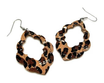 Vintage Leopard Print Earrings, Distressed Leather, Gold Flecked, Cork on Leather, Scallop Teardrop Shape Lightweight Earrings, On Sale