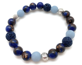 Essential Oil Bracelet Blue Bronze, Aromatherapy Jewelry, Diffuser Bracelet, Ready to Ship, Stretch Bracelet, Lapis, Sale