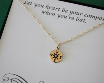 Tiny Gold Compass Necklace, Tiny Bronze Charm, Gold Compass, Directions, Best Friend Gift, BFF